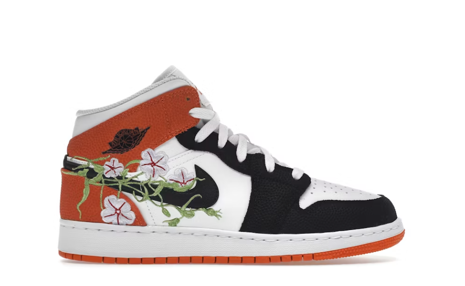 Jordan 1 Mid White Black Orange Flowers