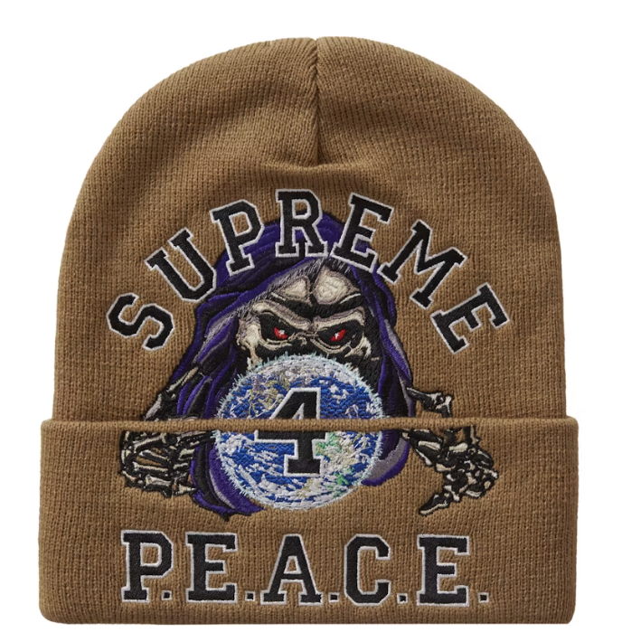 Supreme Peace Embroidered Beanie Tan