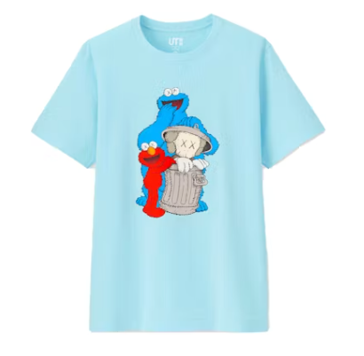 KAWS x Uniqlo x Sesame Street Companion Trash Can Tee Light Blue